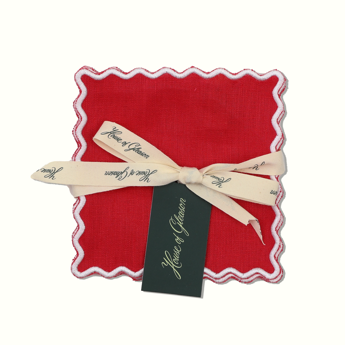 Red and White Linen Square Cocktail Napkins - Set of 4