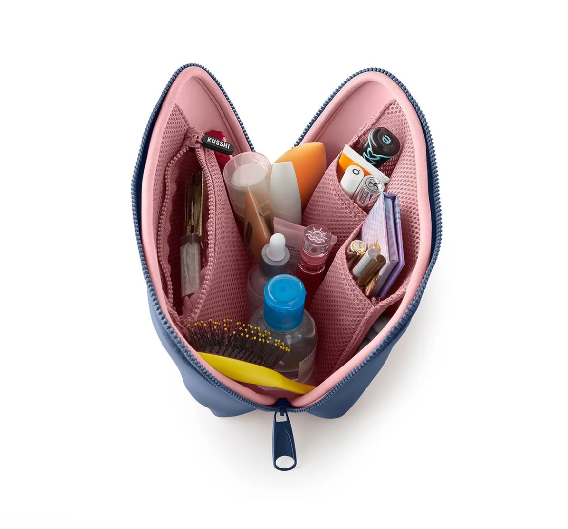 Pearl Blue Neoprene Makeup Bag (Sand Pink Interior)