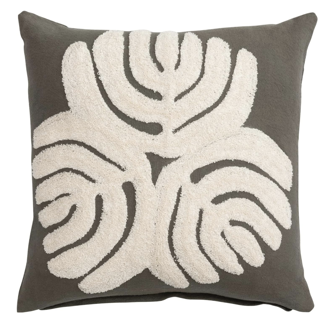 White and Olive Embroidered Square Pillow