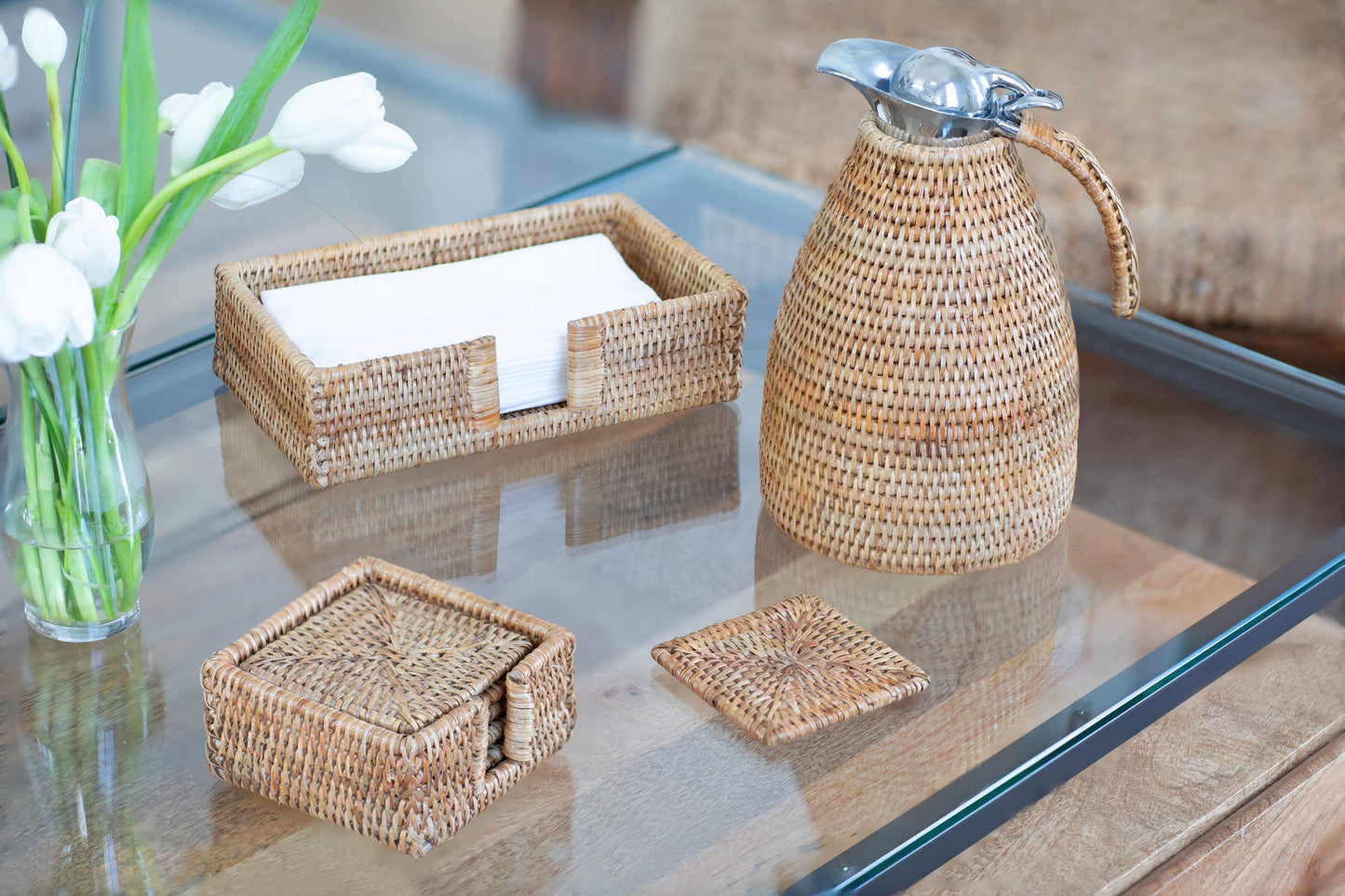 Rattan Guest Towel Holder with Cutout – Napkin Tray