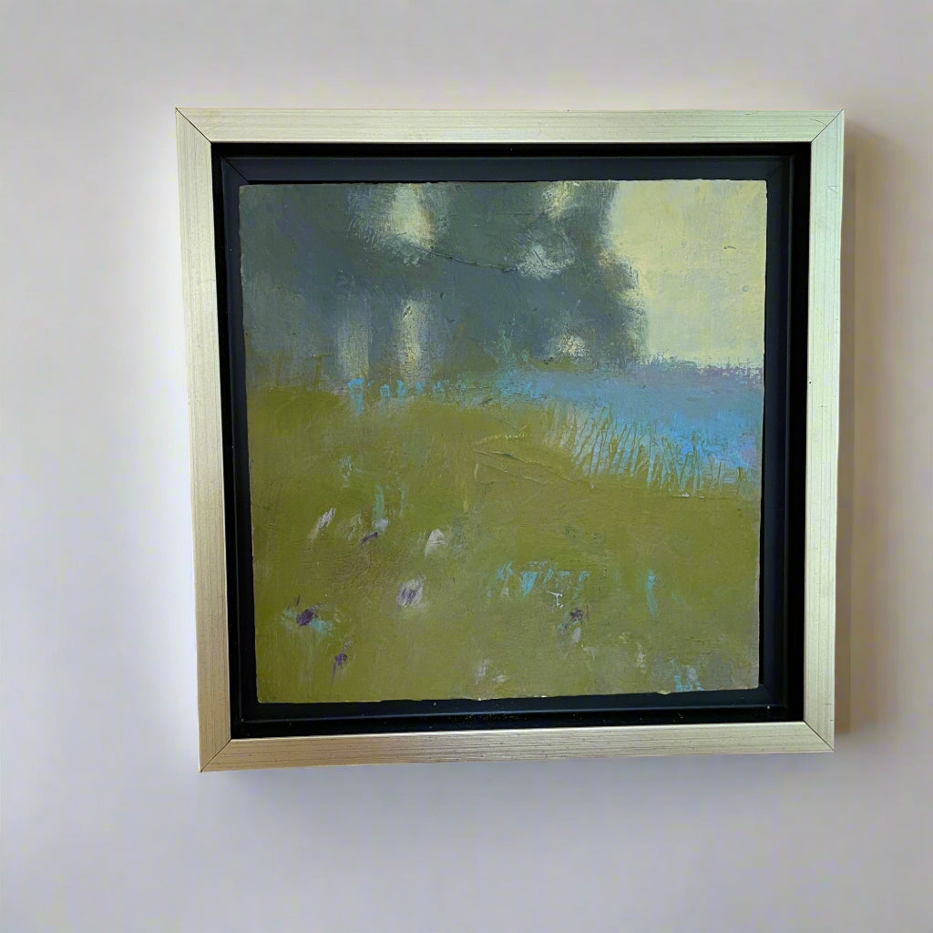 #9: Lupine Field 7x7 Oil and Cold Wax, Floater Frame by JoAnne Chittick