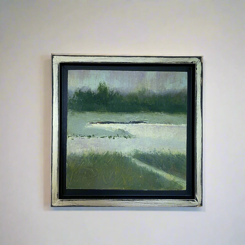 #8: River's Edge 7x7 Oil and Cold Wax, Floater Frame by JoAnne Chittick