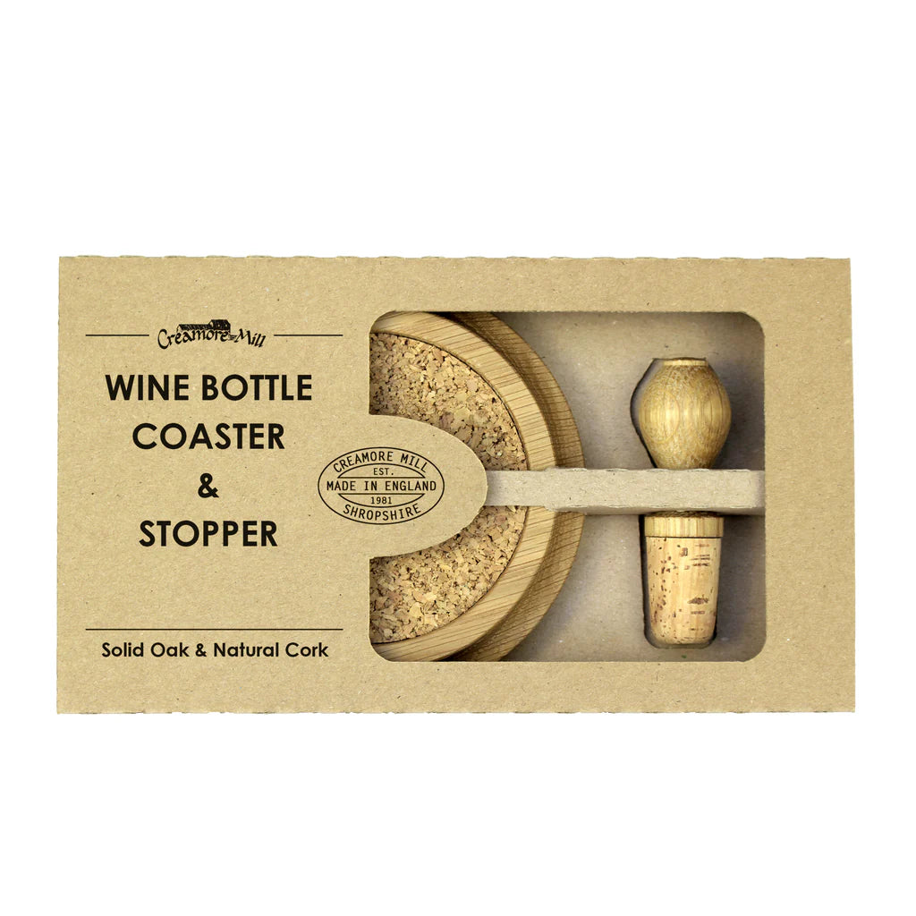 Wine Bottle Coaster & Stopper, Solid Oak & Cork
