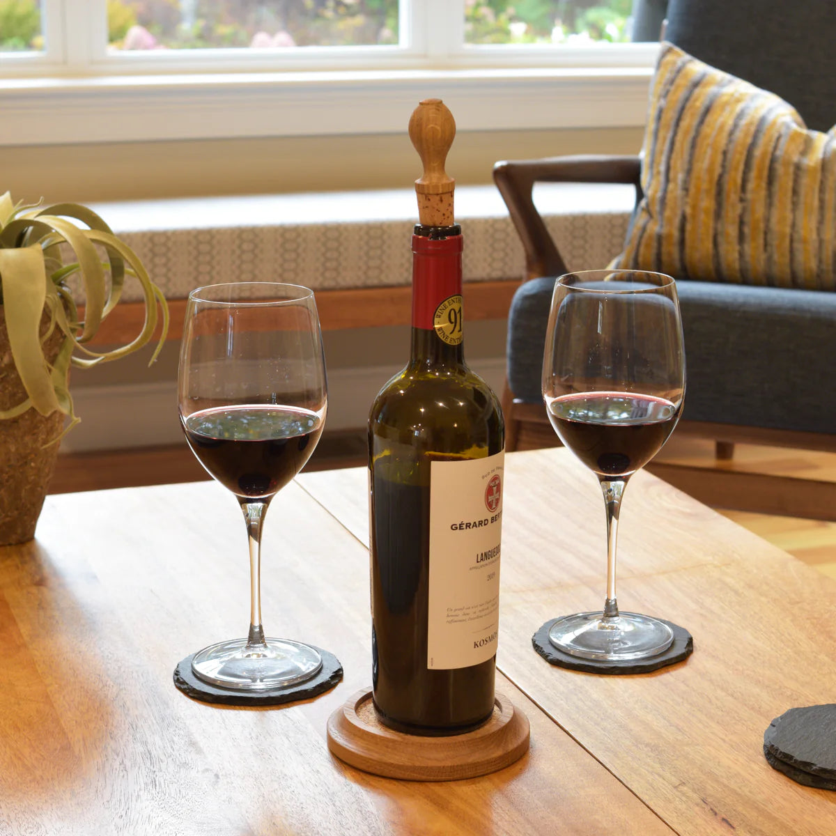 Wine Bottle Coaster & Stopper, Solid Oak & Cork