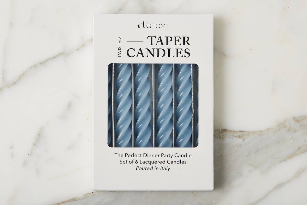 Lacquered Twisted Taper Candles, Denim Blue,Boxed, Set of 6